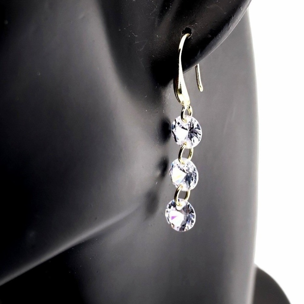 Swarovski Elements Triple Crystal Rivoli Drop Earrings Gold Tone Dangle New